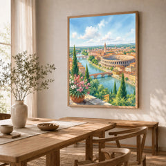 Verona Arena and Adige river watercolour art print in a natural wood frame in a dining room