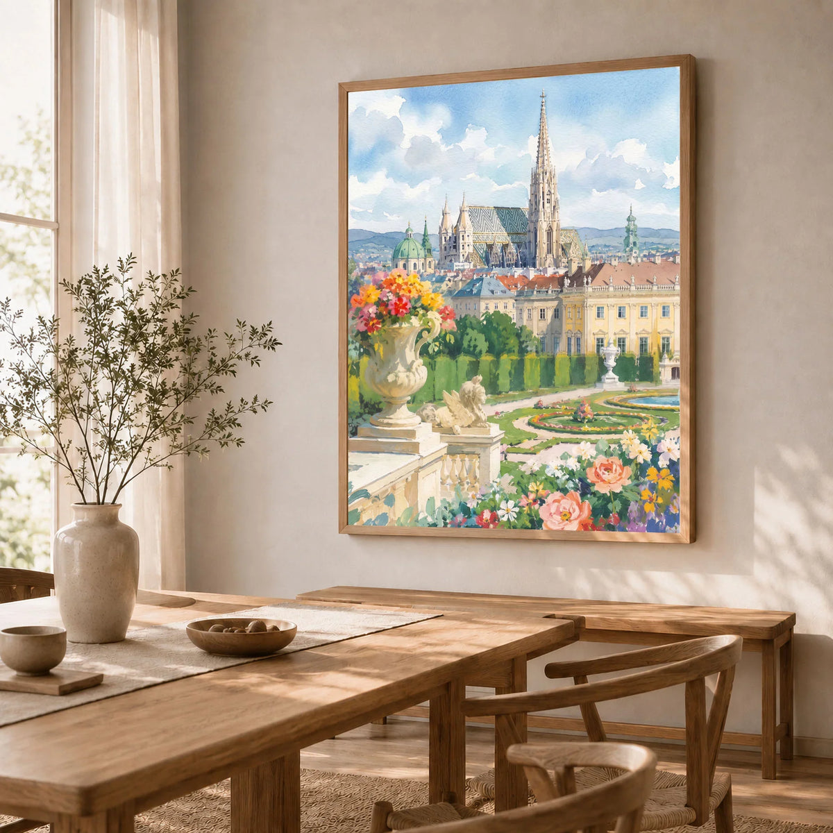 Vienna St Stephen's Cathedral and palace gardens watercolour art print in a natural wood frame in a dining room