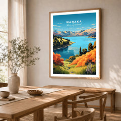 Wanaka Travel Print - natural wood framed art print in dining room