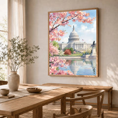 Washington DC US Capitol and cherry blossom watercolour art print in a natural wood frame in a dining room