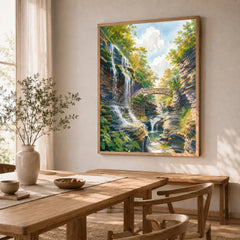 Watkins Glen State Park gorge waterfalls and stone bridge watercolour art print in a natural wood frame in a dining room