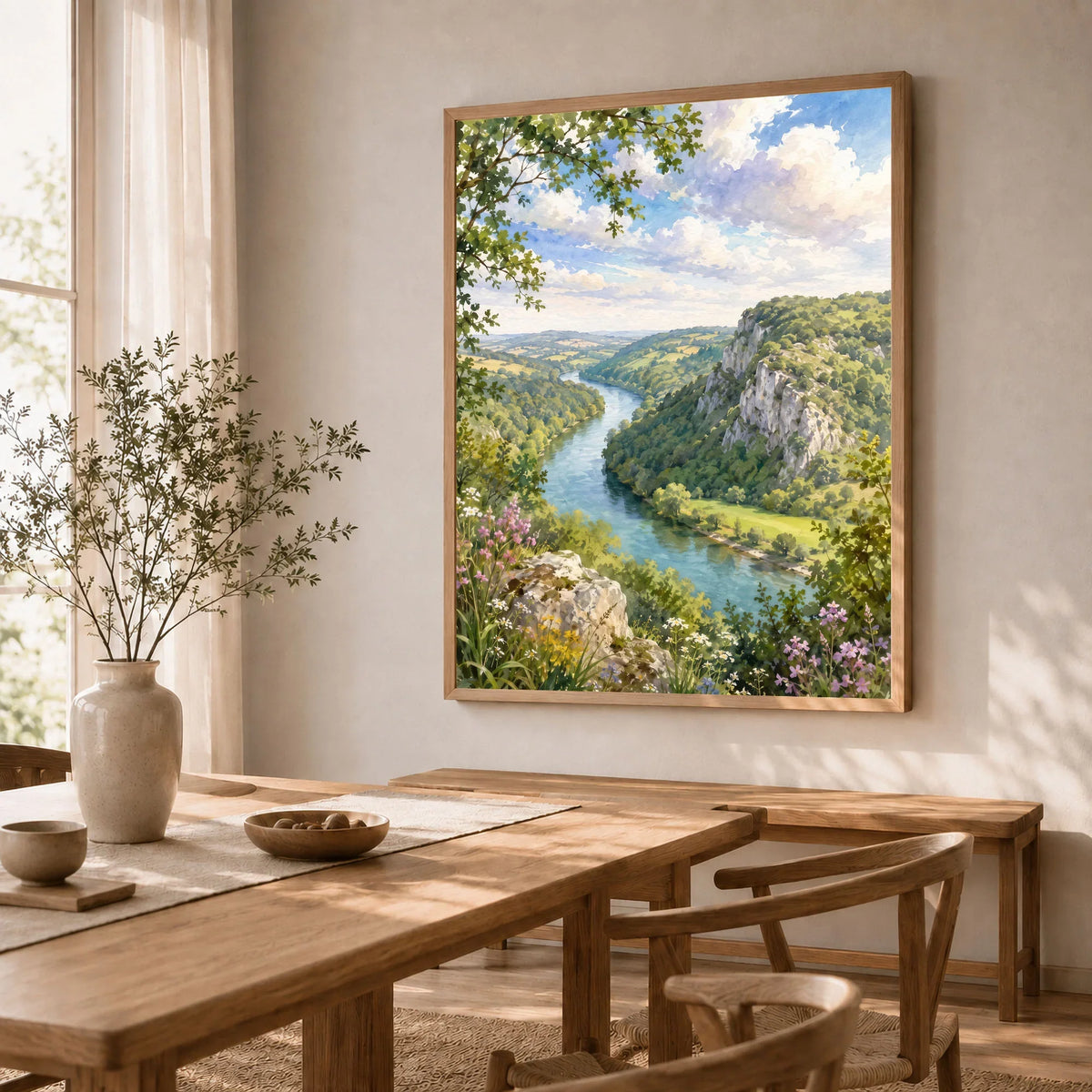 Wye Valley river and limestone cliffs watercolour art print in a natural wood frame in a dining room