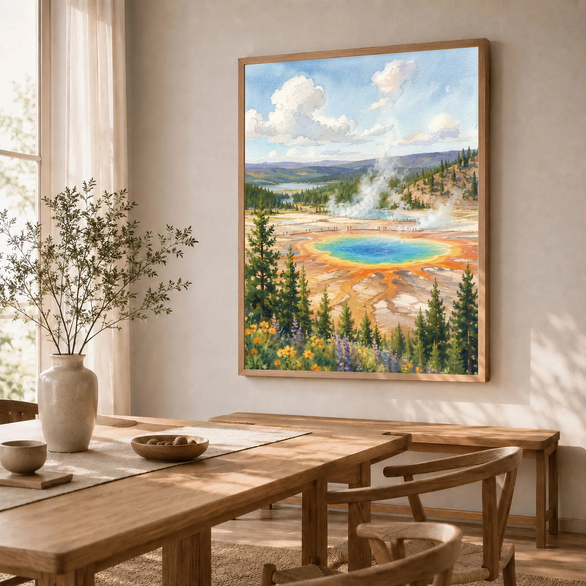 Yellowstone National Park Grand Prismatic Spring watercolour art print in a natural wood frame in a dining room
