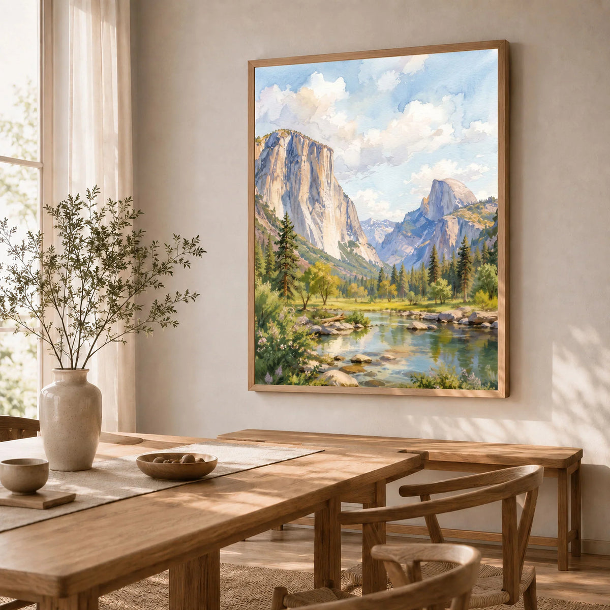 Yosemite National Park El Capitan and Half Dome watercolour art print in a natural wood frame in a dining room