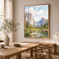 Yosemite National Park El Capitan and Half Dome watercolour art print in a natural wood frame in a dining room