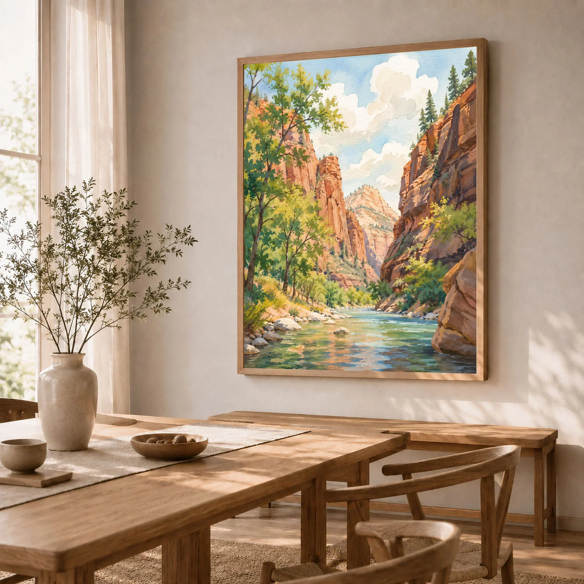 Zion National Park Virgin River canyon watercolour art print in a natural wood frame in a dining room