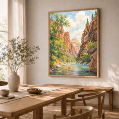 Zion National Park Virgin River canyon watercolour art print in a natural wood frame in a dining room