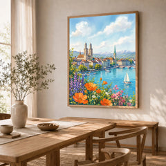 Zurich Grossmünster and the Limmat watercolour art print in a natural wood frame in a dining room