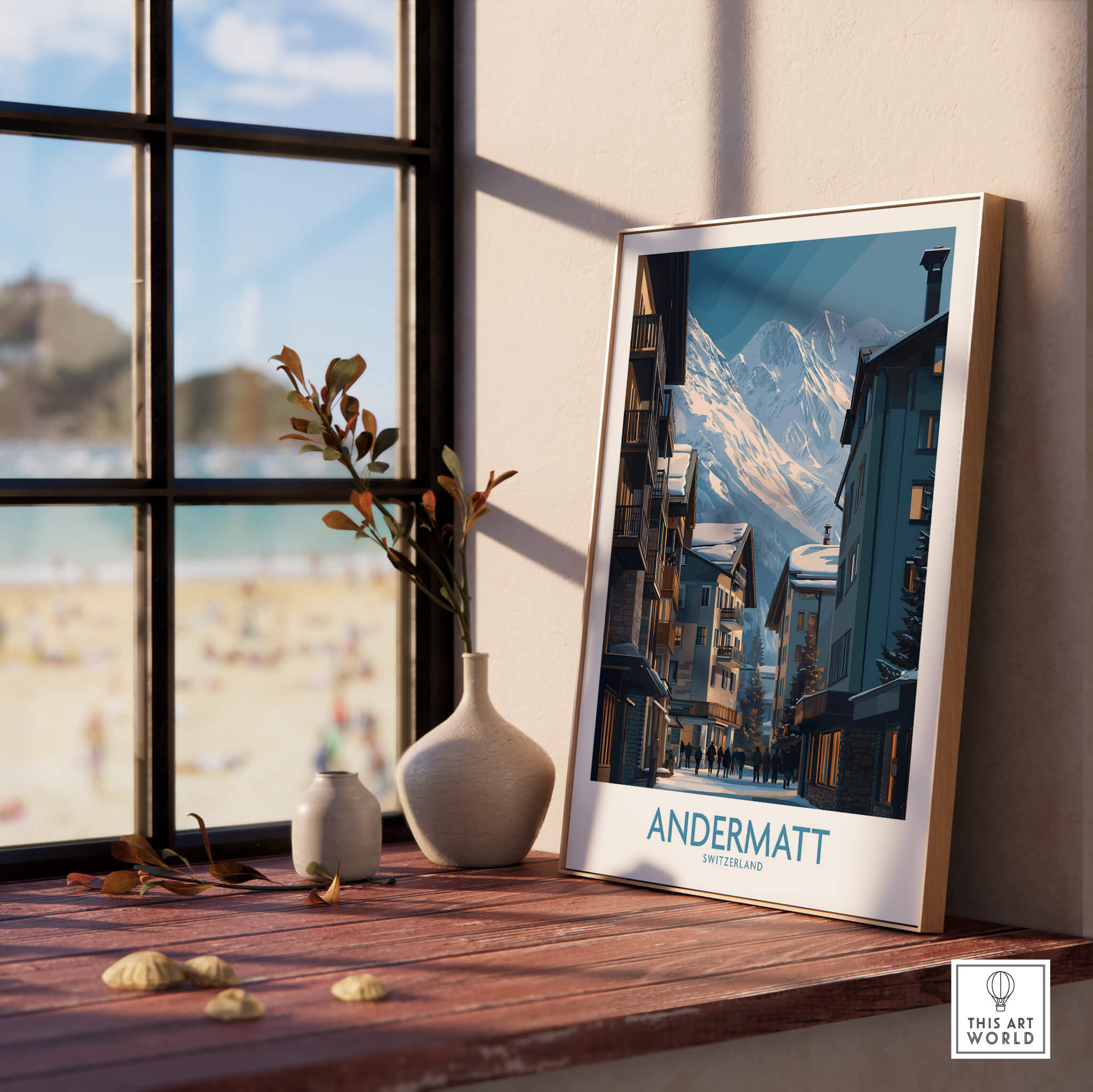 Andermatt Switzerland Wall Art Print displayed on a wooden table with a scenic mountain view.