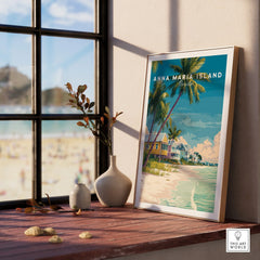 Framed Anna Maria Island Florida beach art print on a windowsill with vases and beach view