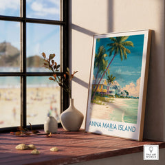 Anna Maria Island Florida travel poster in a natural wood frame by a sunny window, beach decor