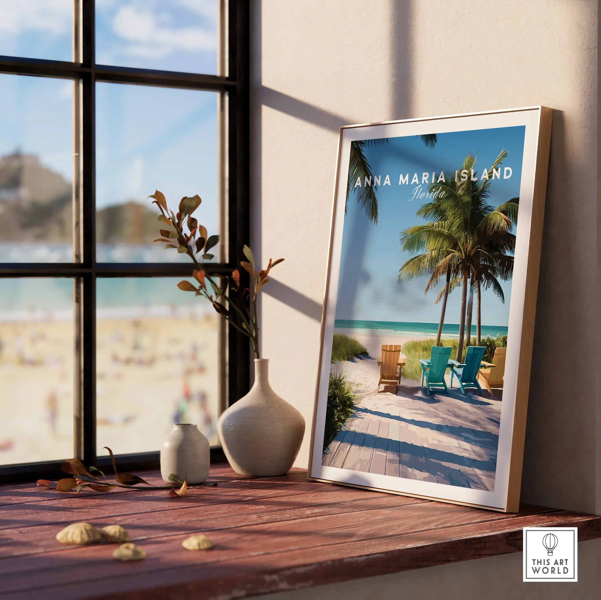 Framed Anna Maria Island travel poster with beach chairs and palm trees on windowsill decor