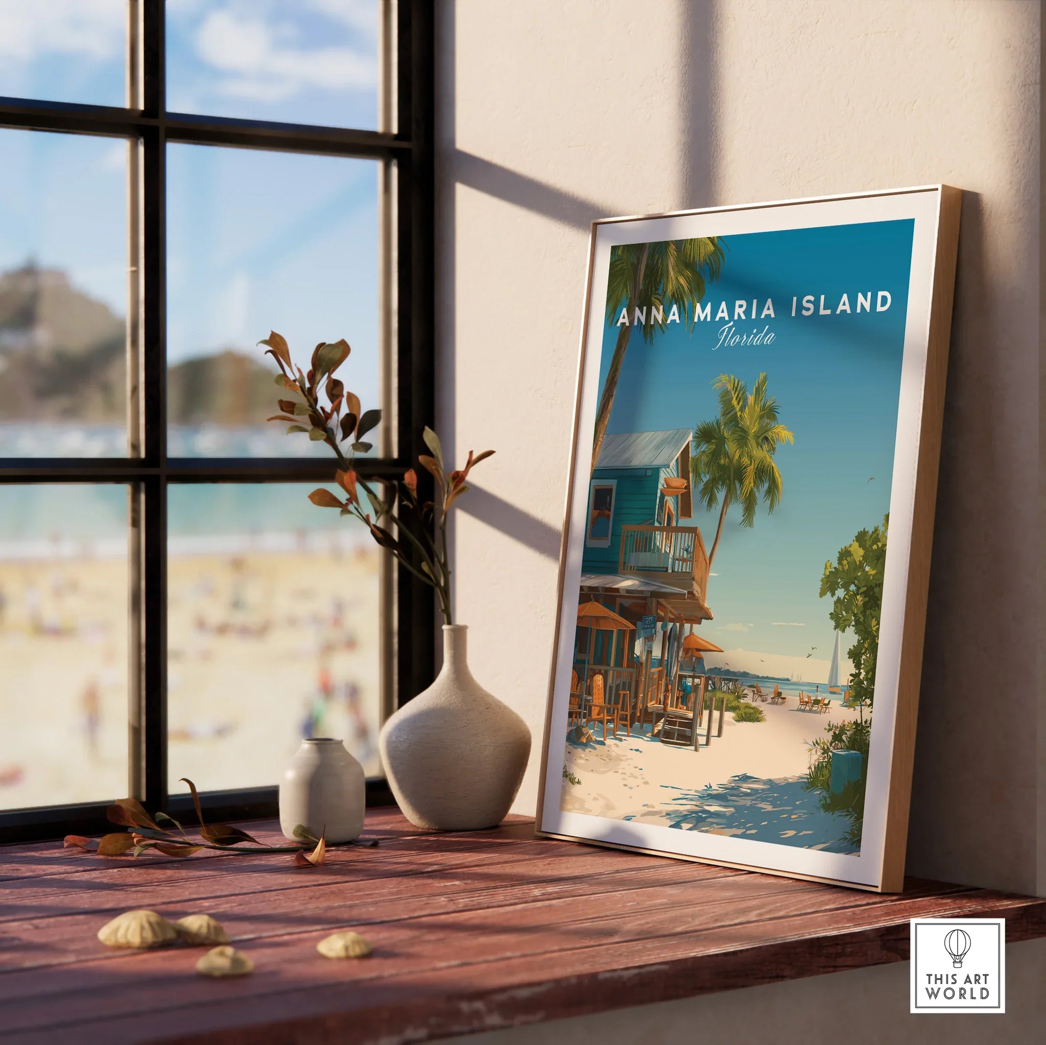 Framed Anna Maria Island Florida beach art print on a sunny window sill with vases, coastal decor