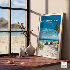 Anna Maria Island Florida travel poster in natural wood frame on a windowsill, beach view