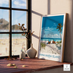Framed Anna Maria Island beach art print on windowsill with natural light and vase decor