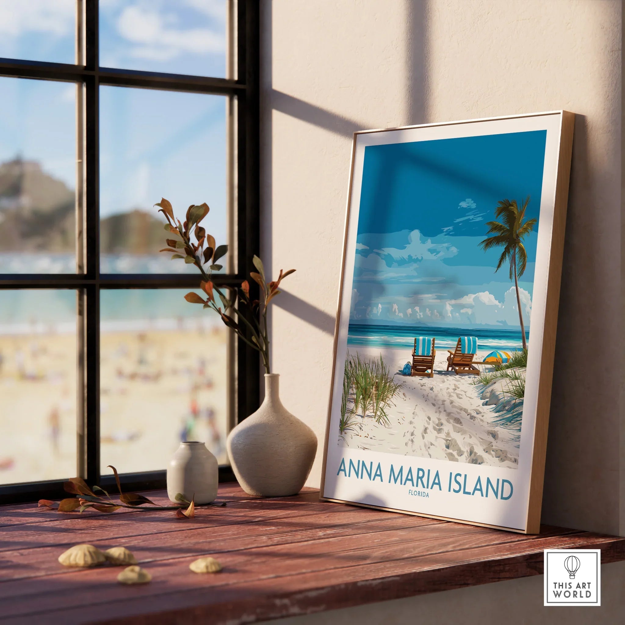 Framed Anna Maria Island beach art print on windowsill with natural light and vase decor
