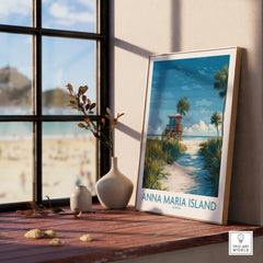 Framed Anna Maria Island Florida beach art print on windowsill with vases and seashells