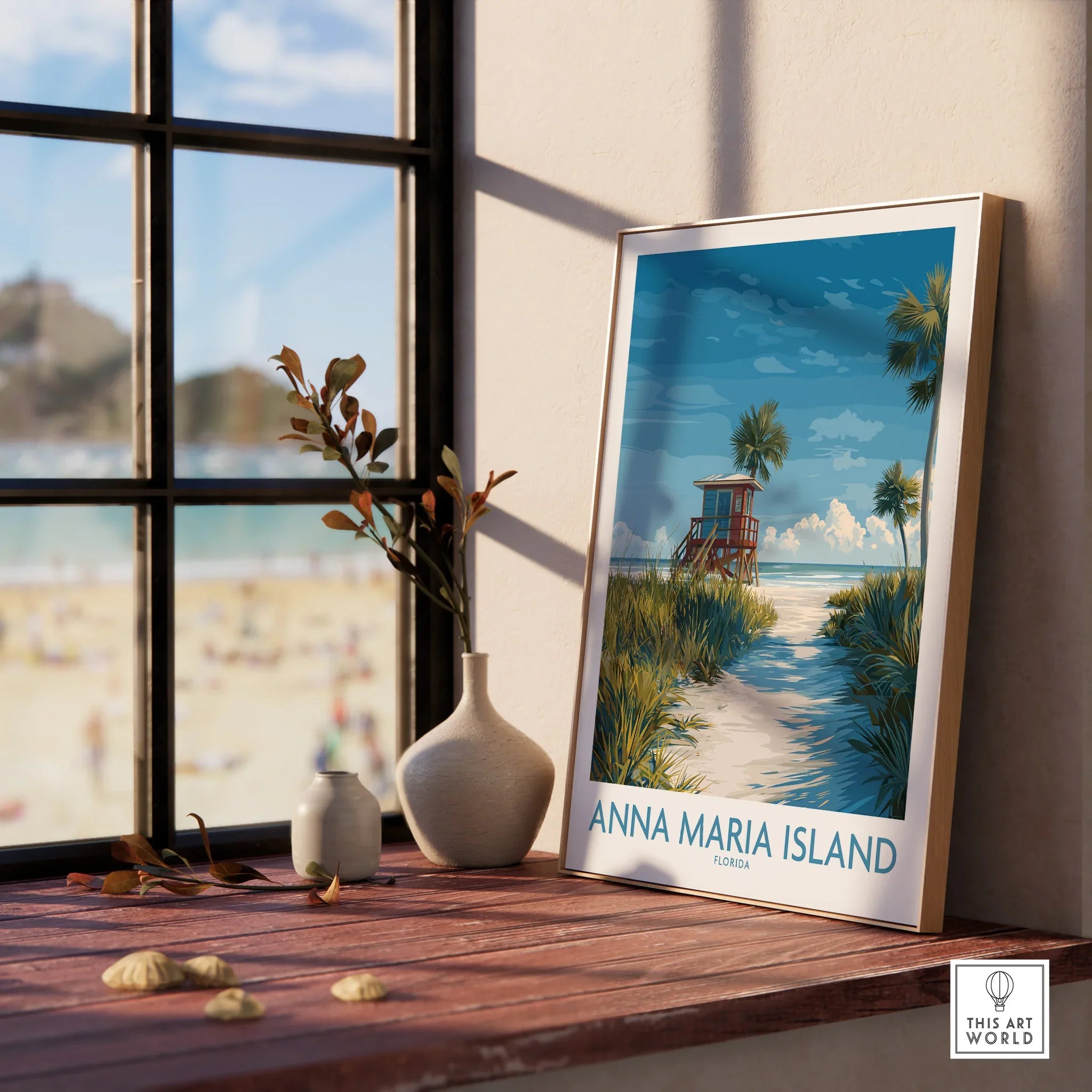 Framed Anna Maria Island Florida beach art print on windowsill with vases and seashells