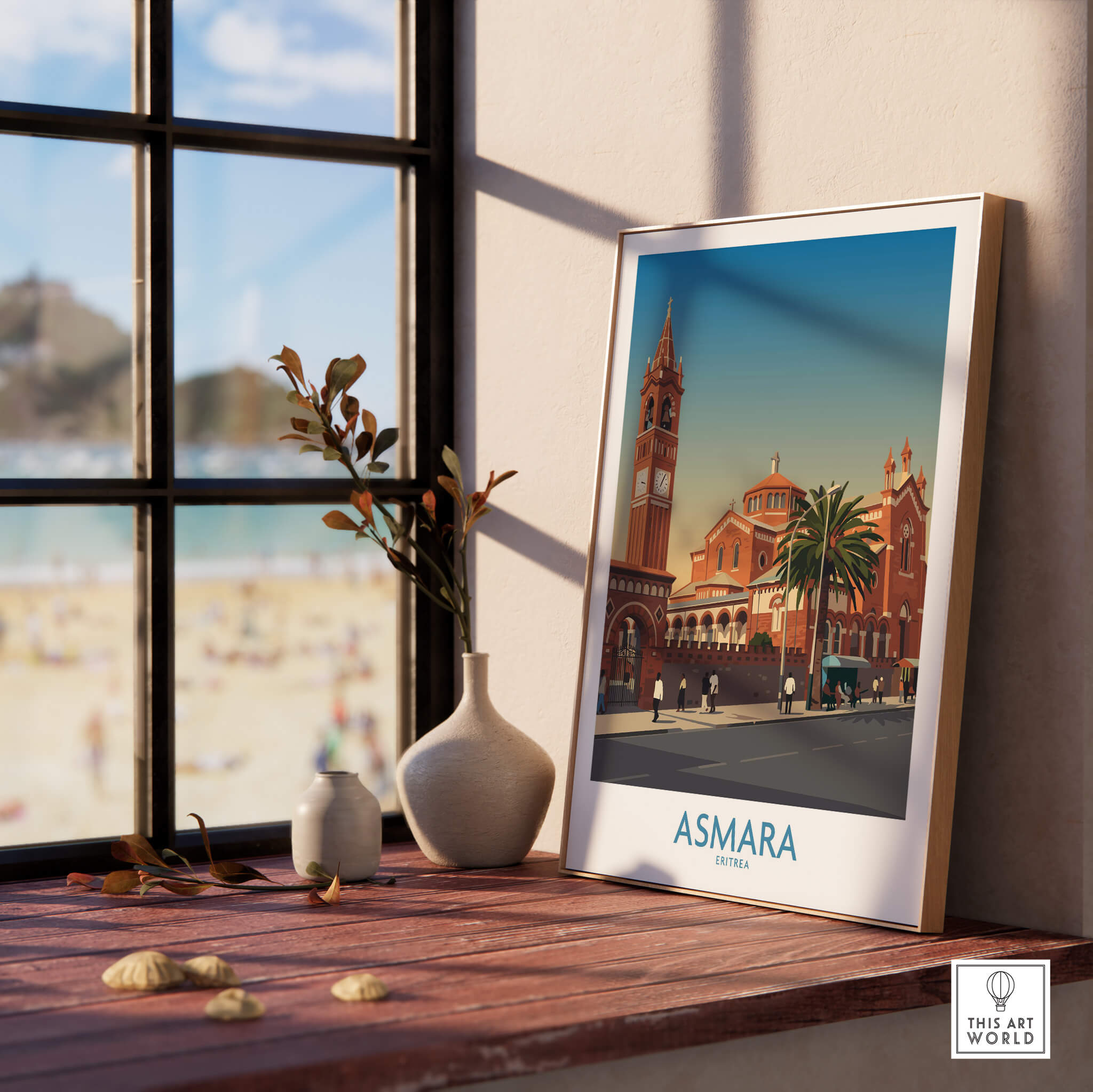 Asmara Eritrea Wall Art – Historic Architecture and City Street Decor Poster displayed in a sunlit room with a coastal view.