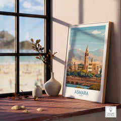 Asmara Eritrea Wall Art – Travel Poster displayed in a cozy interior with a view of the beach outside.