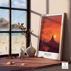 Bagan Myanmar Wall Art – Buddhist Pagoda Skyline Canvas Print displayed in a modern interior setting with a beach view.