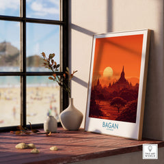 Bagan Myanmar Print – Traditional Pagoda Wall Art displayed near a window with a beach view.