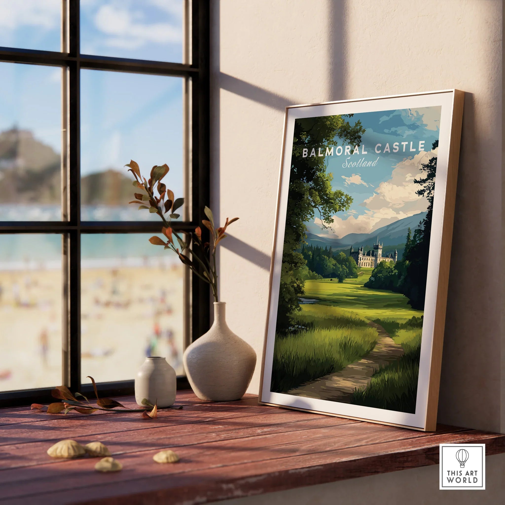 Framed Balmoral Castle Scotland travel poster on a window sill with vases and beach view