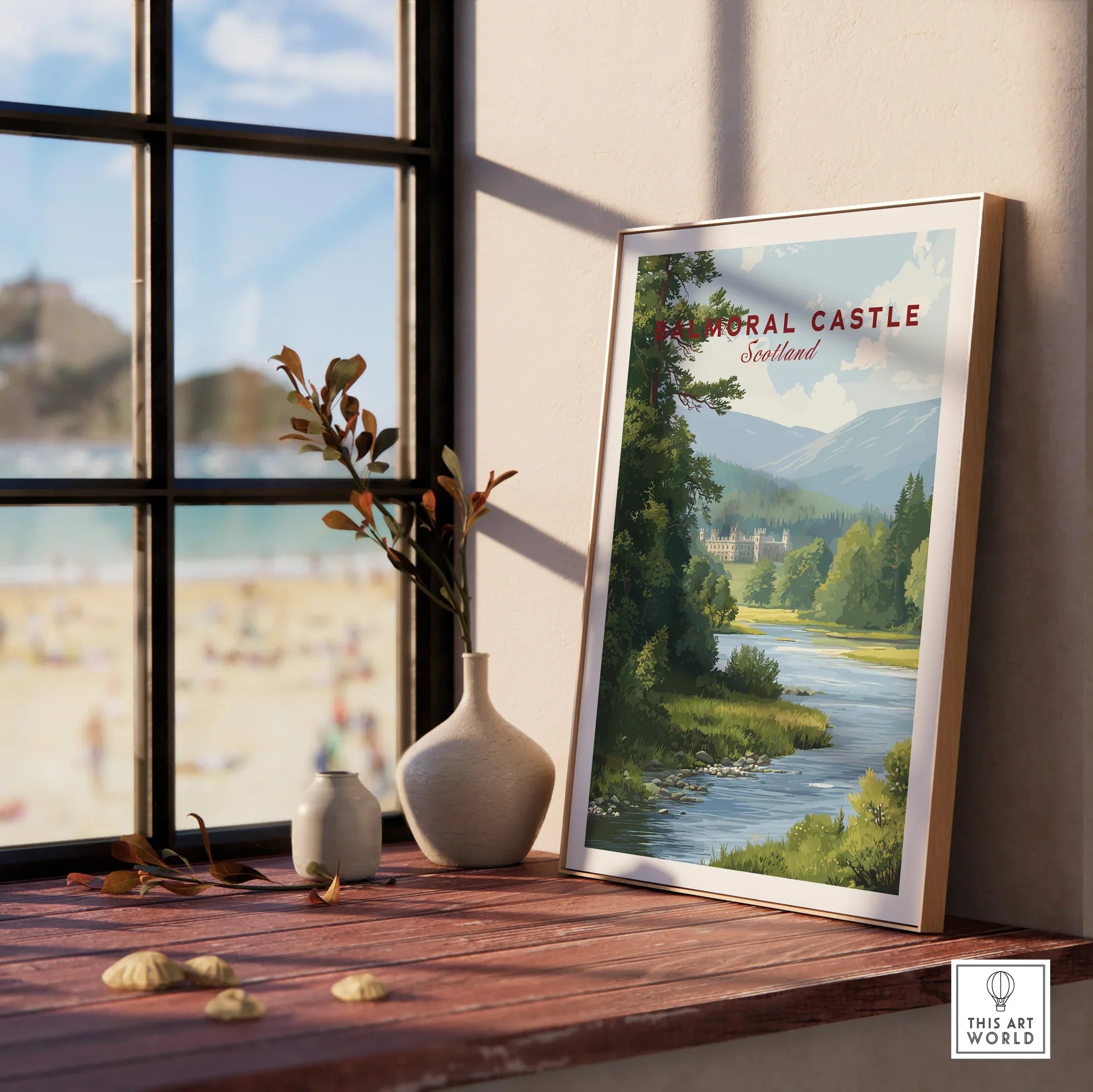 Framed Balmoral Castle travel poster on windowsill with vases and beach view outside.