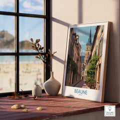 Beaune France Wall Art – Village Print displayed in a sunlit room with a picturesque view, showcasing the beauty of Beaune.