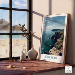 Berry Head Devon Wall Art – English Coast Print displayed on a wooden table near a window, showcasing Devon's stunning coastline.
