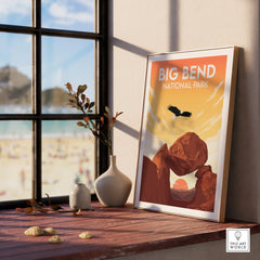 Framed Big Bend National Park print on windowsill with vases and scenic beach view