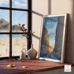 Big Bend National Park framed travel poster on windowsill, natural wood frame, modern wall art