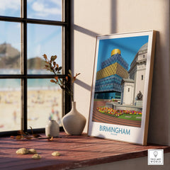 Framed Birmingham city art print on windowsill with modern decor and natural light
