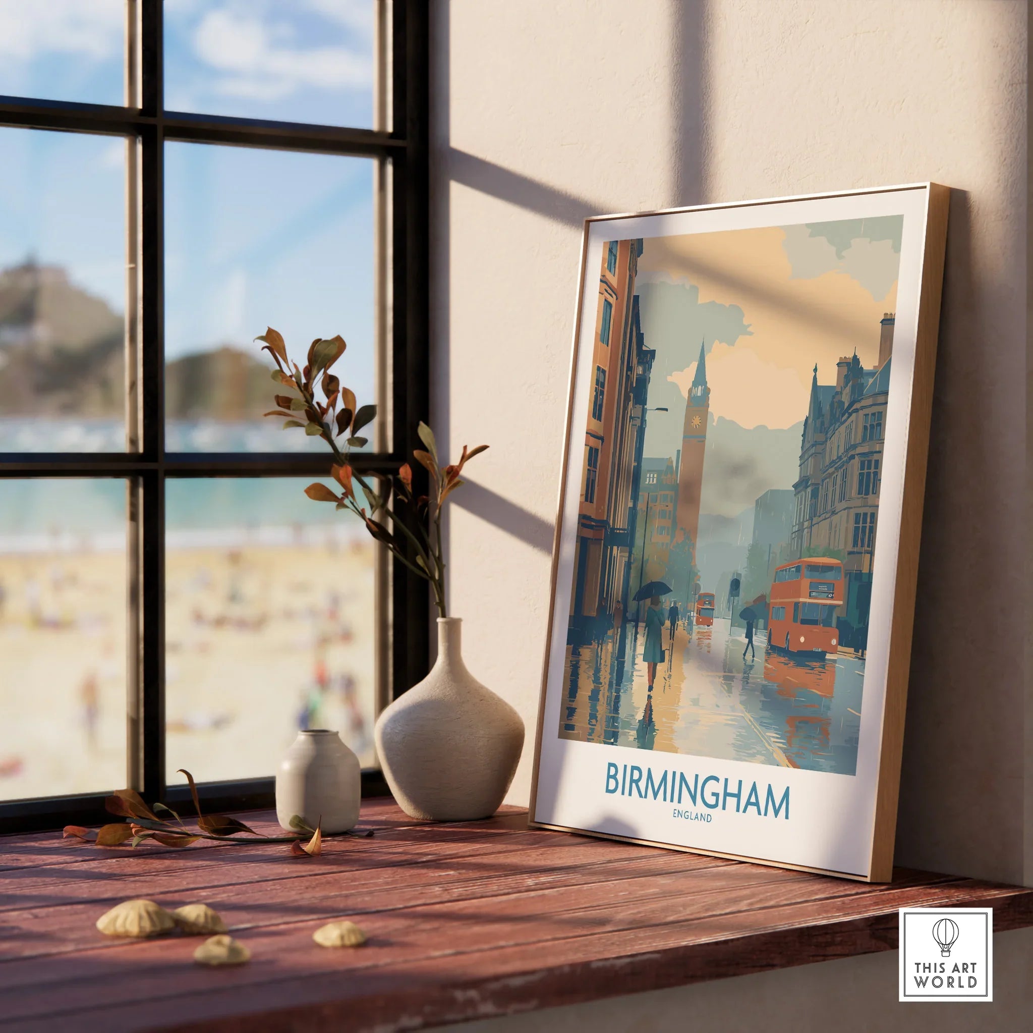 Framed Birmingham travel poster with cityscape art on a window sill, natural wood frame