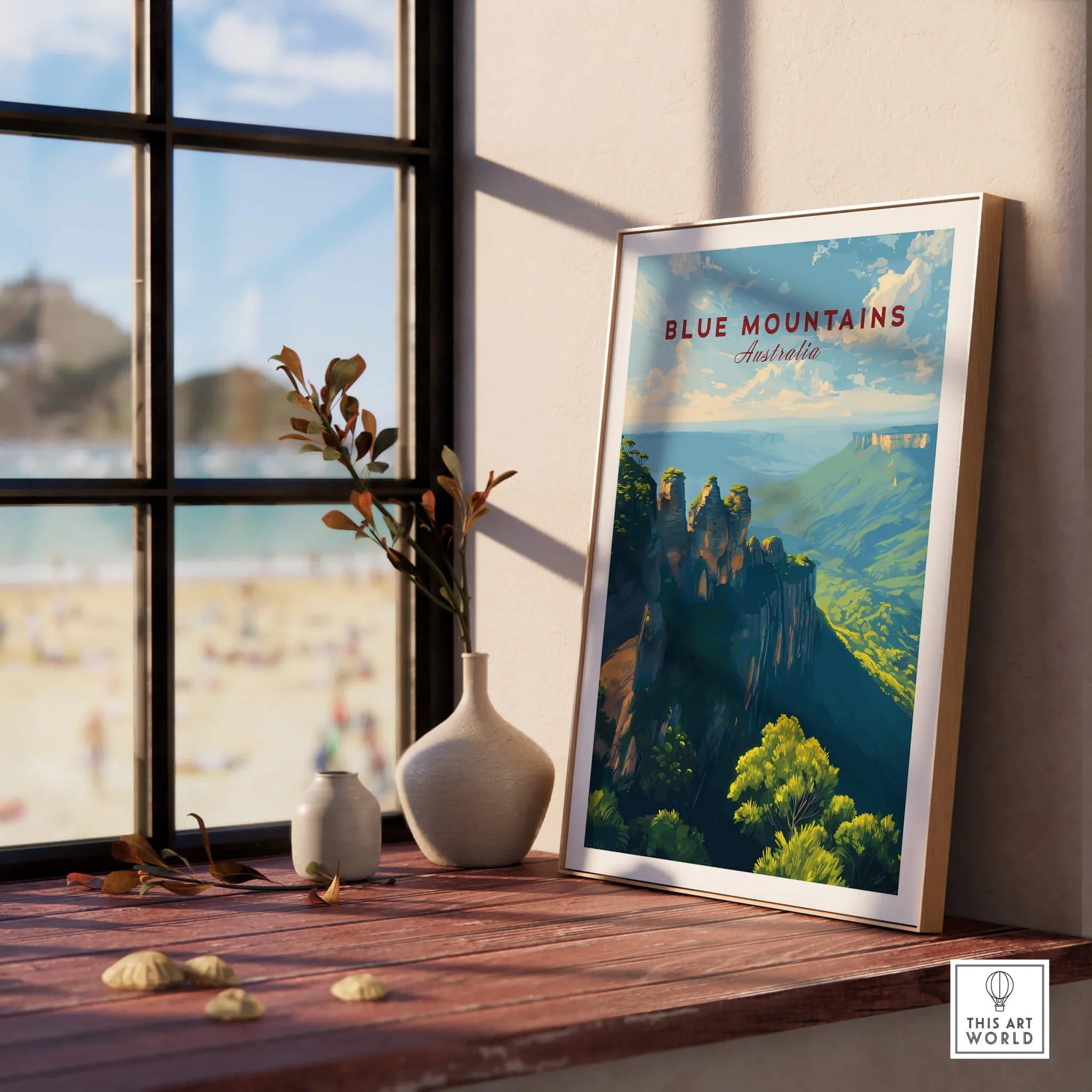 Blue Mountains Australia travel poster in natural wood frame on windowsill, modern decor