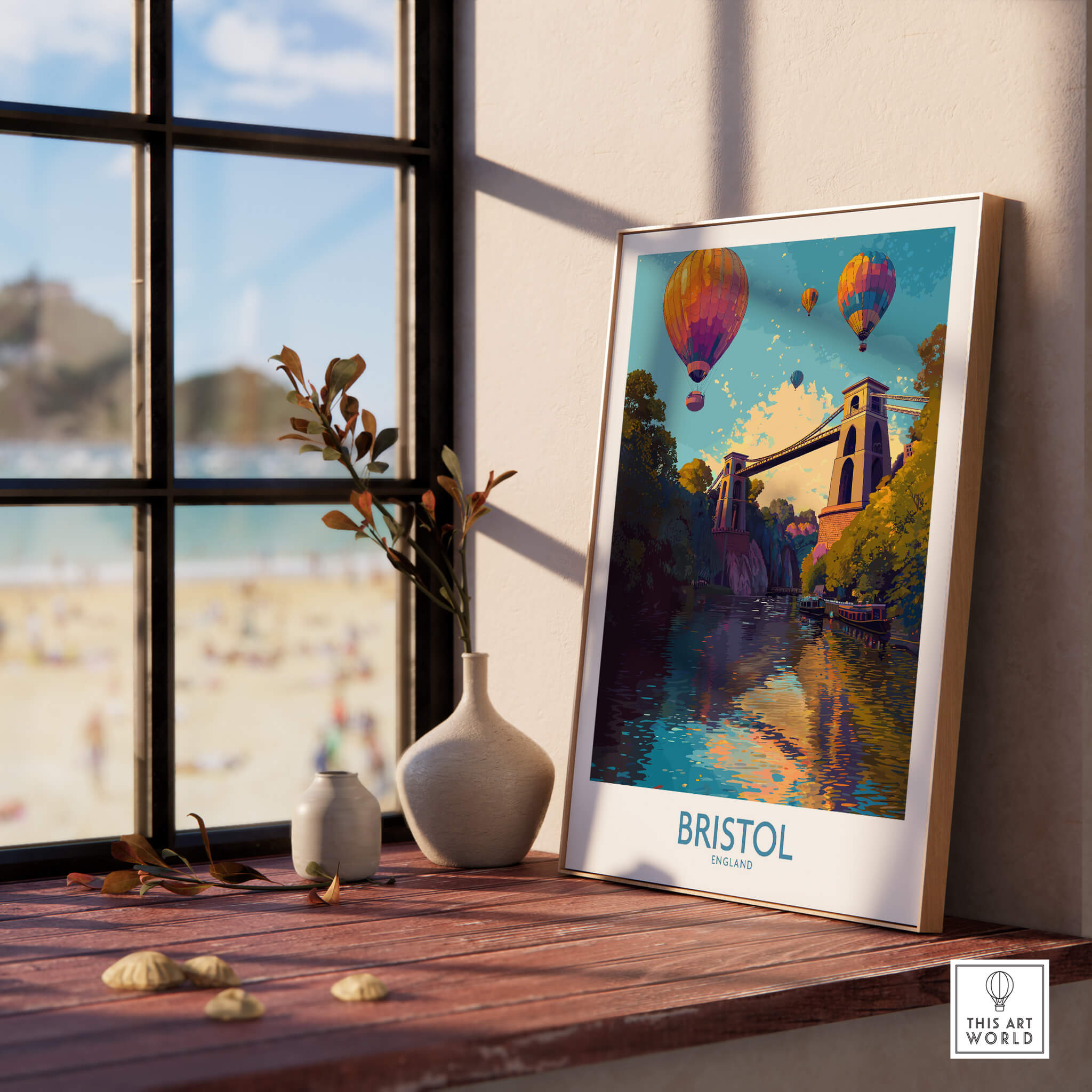 Bristol England Wall Art – River Avon Sunset and Balloon Festival Print showcased in a cozy interior setting.