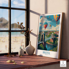 Bristol England Print – Hot Air Balloons Over Historic City Wall Art displayed near a window with a scenic view.