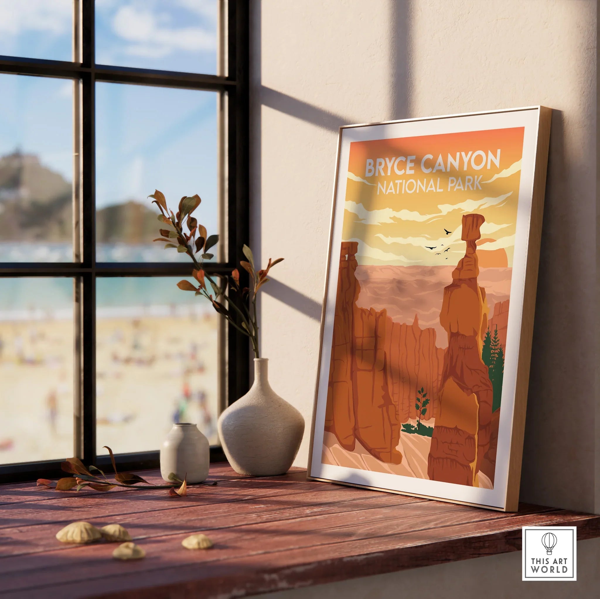 Bryce Canyon National Park print in natural wood frame on windowsill with vases