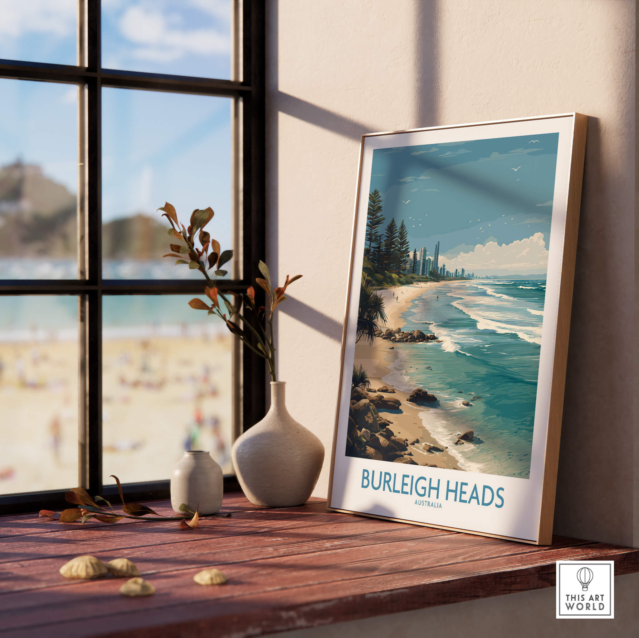 Burleigh Heads Travel Poster - Canvas Print displayed by a window with beach view in the background.