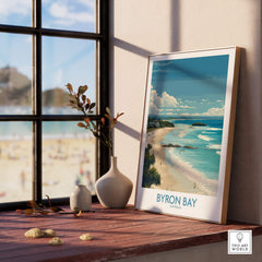 Byron Bay Wall Art Australia Travel Print featured in a coastal setting with beach view and vibrant colors.