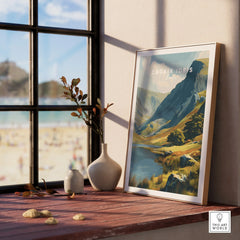 Framed Cadair Idris mountain print on windowsill with vases and scenic wall art decor