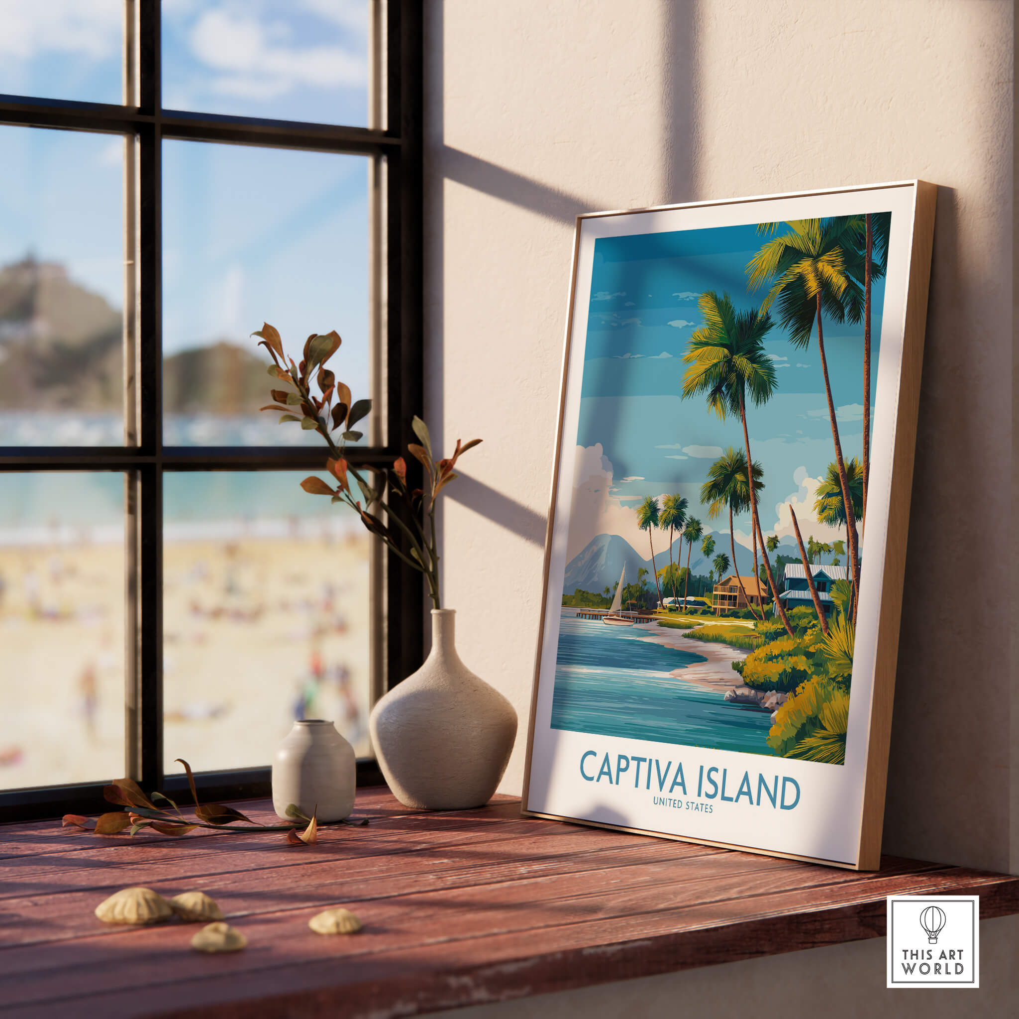 Captiva Island Florida Wall Art – Tropical Coastline and Sailboat Decor displayed on a cozy windowsill with beach view.
