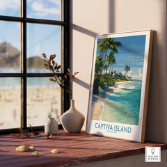 Captiva Island Florida Print – Sunny Shoreline and Tropical Palm Decor displayed by a window with beach view.