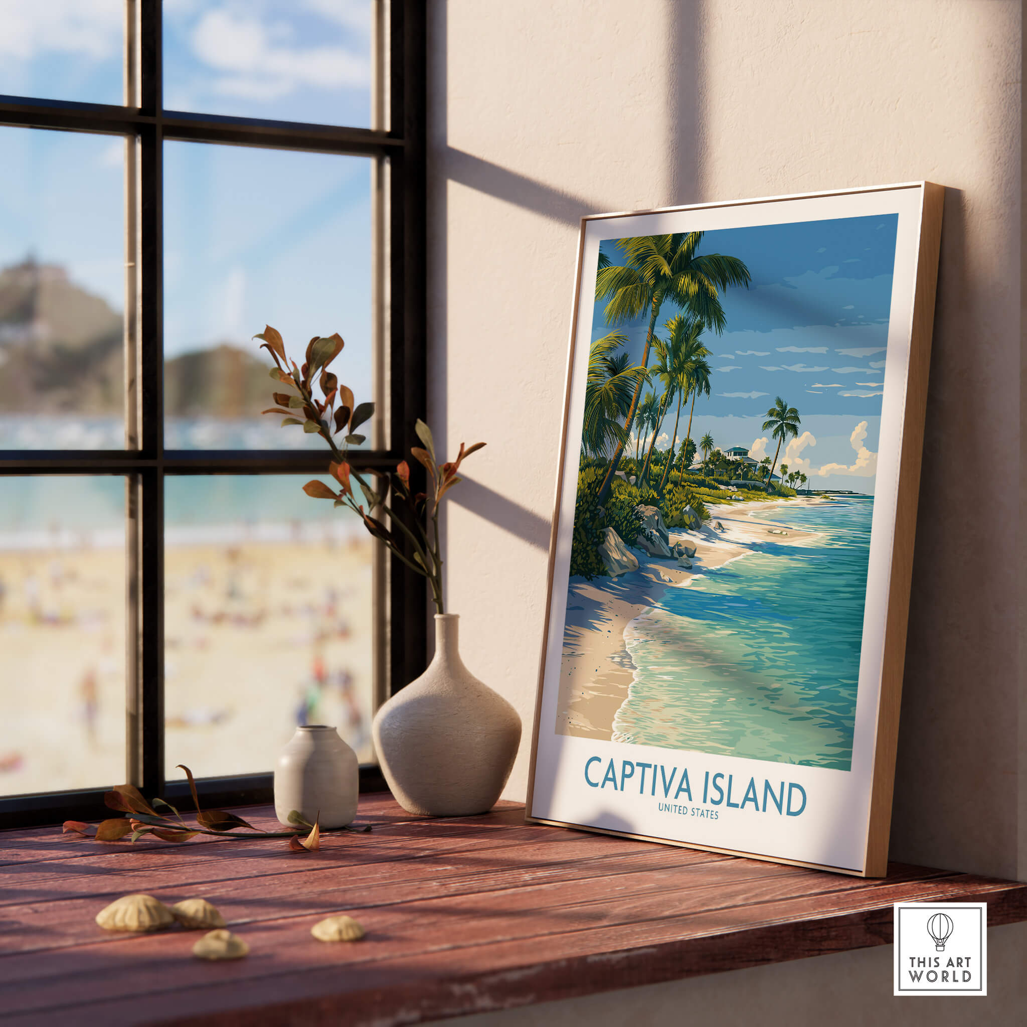 Captiva Island Florida Print – Sunny Shoreline and Tropical Palm Decor displayed by a window with beach view.