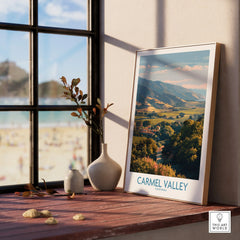 Framed Carmel Valley California travel art print on windowsill with vases, scenic landscape view