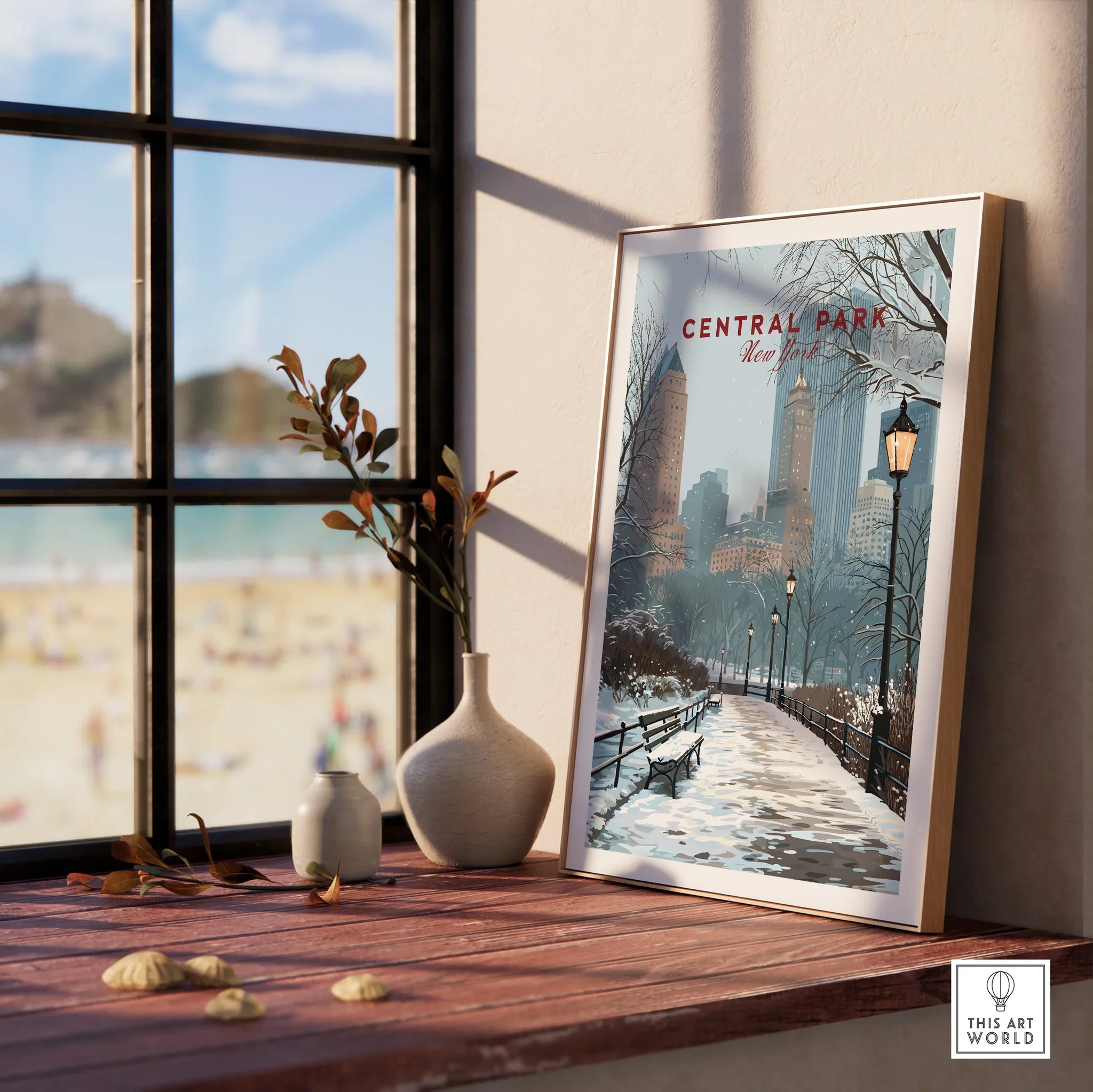 Framed Central Park New York art print with winter city skyline on wooden windowsill