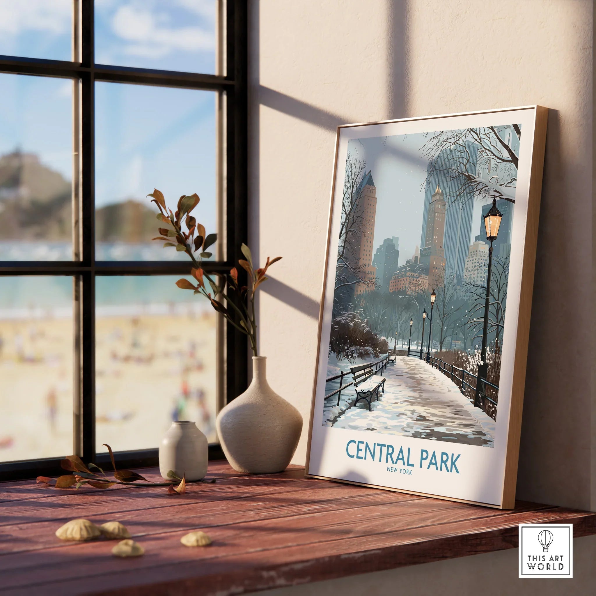 Framed Central Park New York wall art print on wooden windowsill with vases, winter scene.