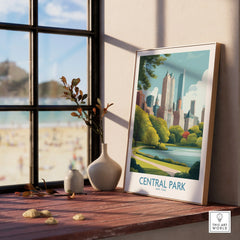 Framed Central Park travel poster on windowsill with vases and natural light