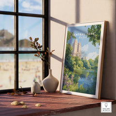 Central Park New York framed art print with natural wood frame on sunny windowsill