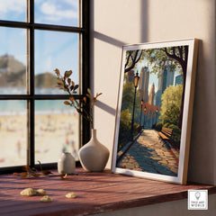 Framed Central Park travel poster on wooden windowsill with ceramic vases, cityscape art print
